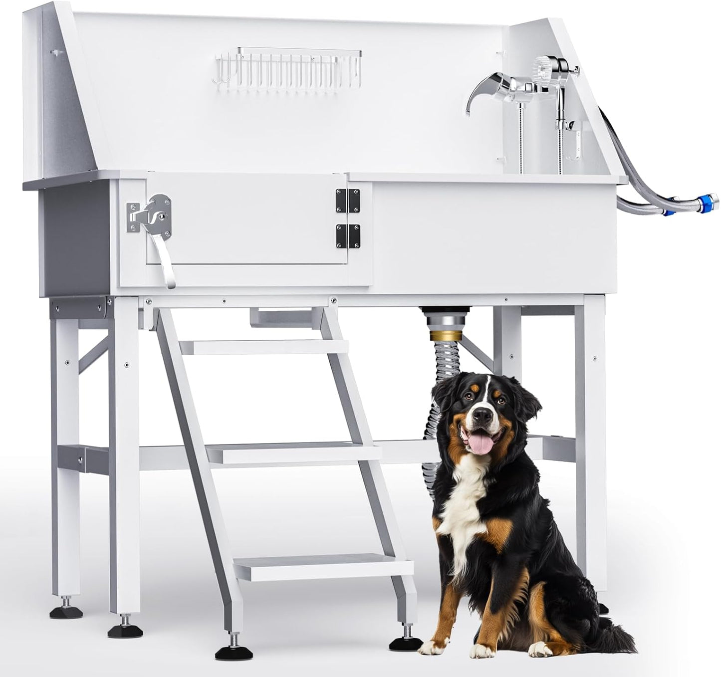 Dog Washing Station for Home, 38" White Professional Stainless Steel Dog Grooming Tub, Height Adjustable Dog Bathing Station, Upgrade Parts, Dog Bath Tubs for Small & Medium Dogs(Left Stair)
