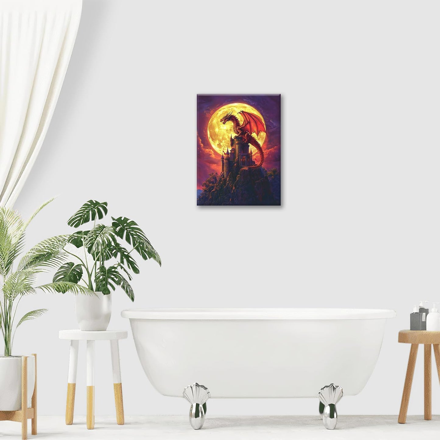Dragon Bathroom Pictures Wall Art, Red Dragon Castle Bathroom Wall Decor, Framed Painting Canvas Artwork for Bedroom Living Room Decorations 16"L x 12"W