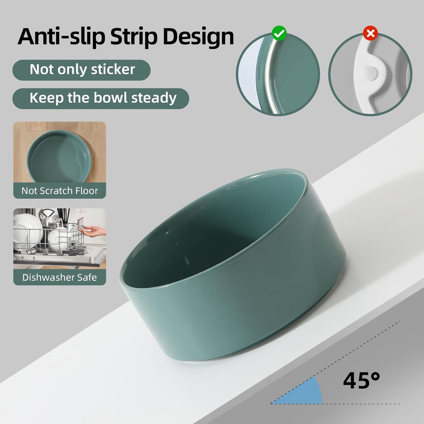 Ceramic Elevated Dog Bowls, Food and Water Bowls for Dogs, Puppy, Raised Dog Dish, Pet Feeder(6inch, 2 x Dark Green + Stand)