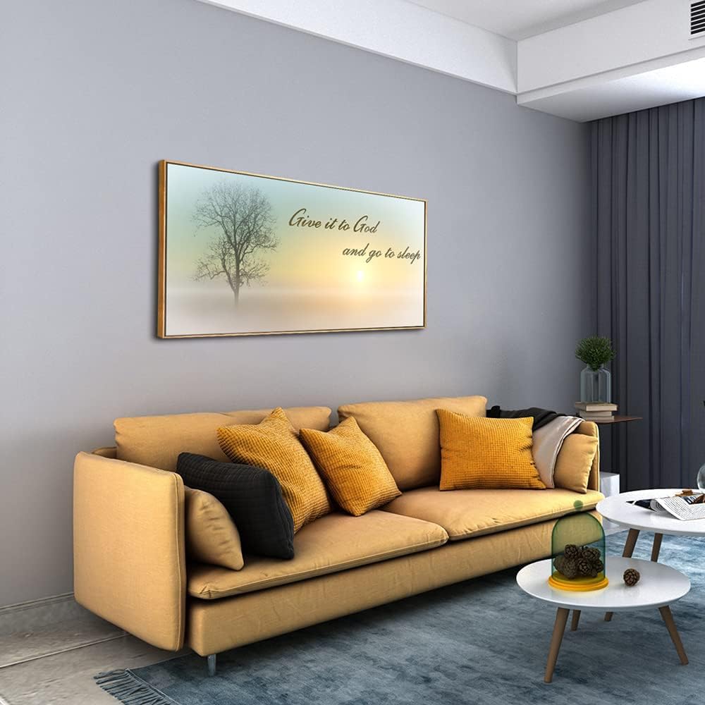 Lasdel Natural Extra Framed Wall Art of Misty Sunset & Tree Plant Picture For Bedroom Home Above Bed,Large White Country Wood Sign For Bathroom,Give It To God & Go to Sleep Artwork Decor,24x48