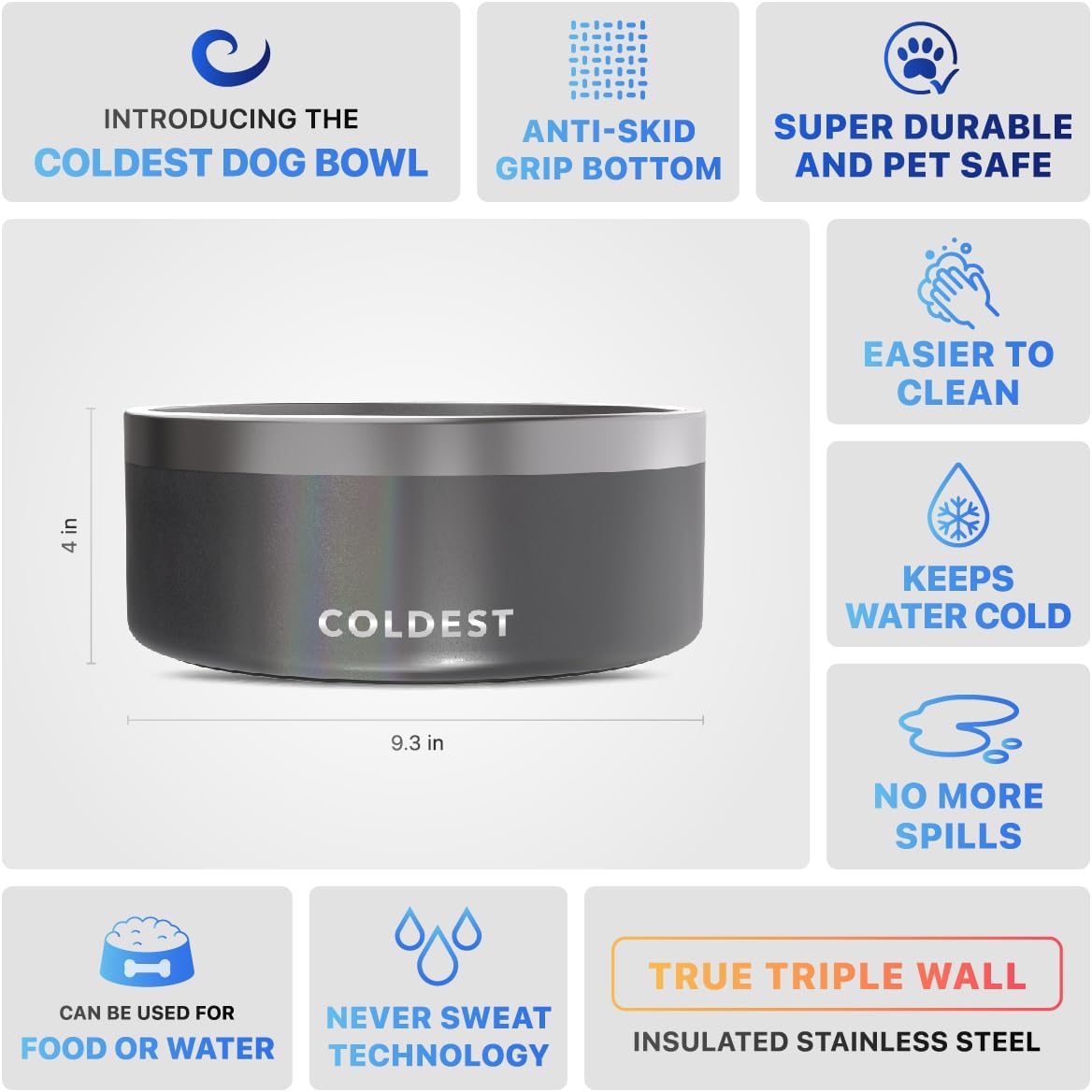 Coldest Dog Bowl - Anti Rust Metal, Non Slip, 3 Layers Insulated Stainless Steel Dog Bowls - Spill Proof & Heavy Duty - Water Bowl for Dogs, Cats & Pets, Dish Washer Safe (100 oz,Stardust Glitter)