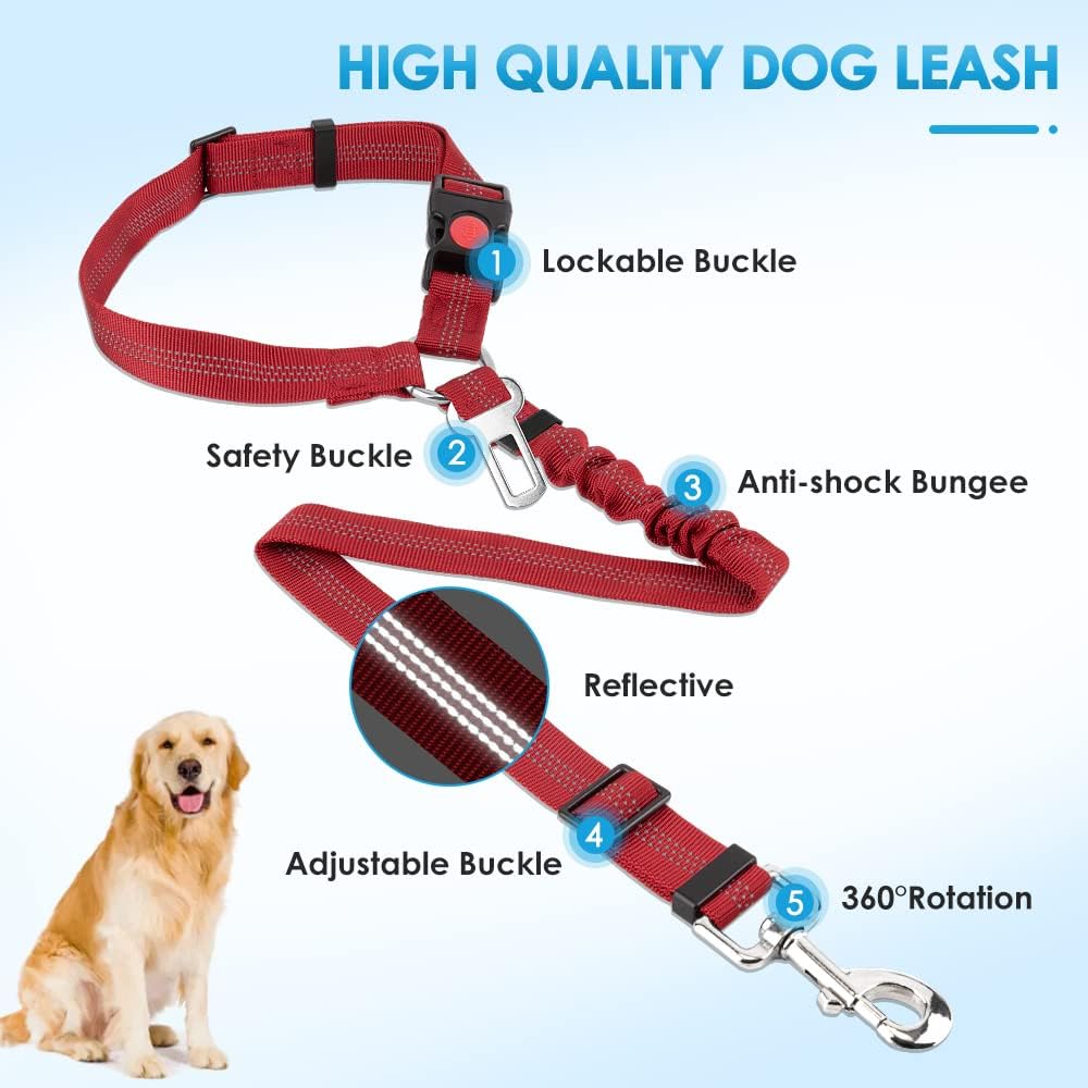 SlowTon Dog Seat Belt for Car, 2 Pack Dog Car Harness Seatbelt Adjustable with Elastic Bungee Buffer, 2 in 1 Pet Car Leash Headrest Restraint Dog Reflective Safety Tether (Red, Headrest+Clip)