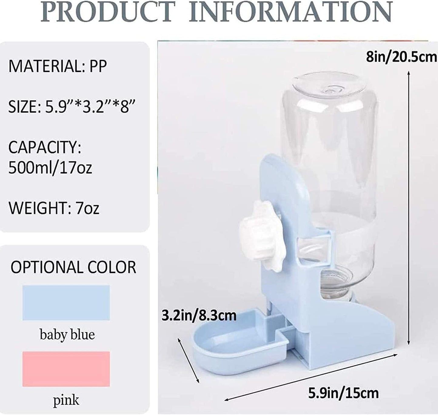 kathson 2PCS Rabbit Water Bottle, 17oz Hanging Water Fountain Automatic Dispenser No Leak WaterFeeder for Bunny Chinchilla Guinea Pig Hedgehog Ferret