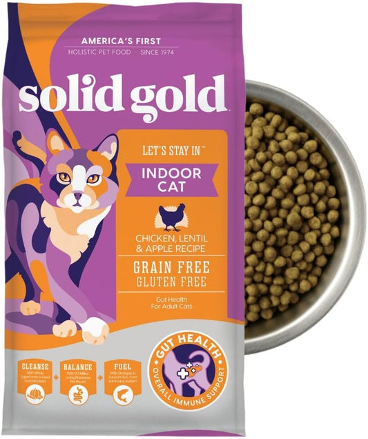Solid Gold Indoor Dry Cat Food - Grain Free & Gluten Free - Chicken Cat Food Dry Kibble for Indoor Cats w/Probiotics & Fiber for Gut Health - Sensitive Stomach & Hairball Support for Adult Cats - 3LB