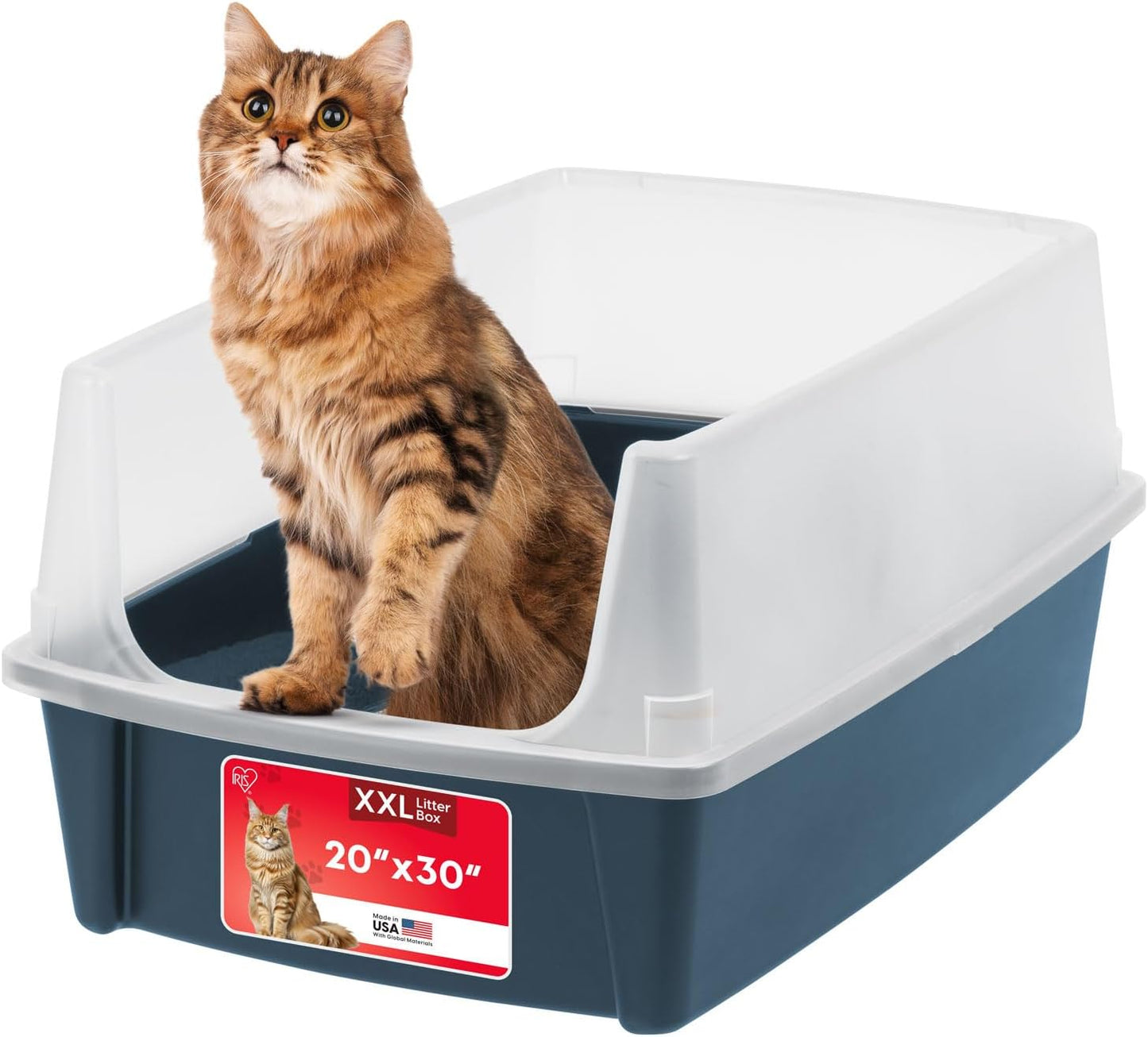 IRIS USA XX-Large Cat Litter Box, Open Top Extra Large Litter Box for Big Cats and Multi-Cat Households, High Sided Scatter Shield, Easy to Clean, 30" L x 20" W x 14" H, Navy