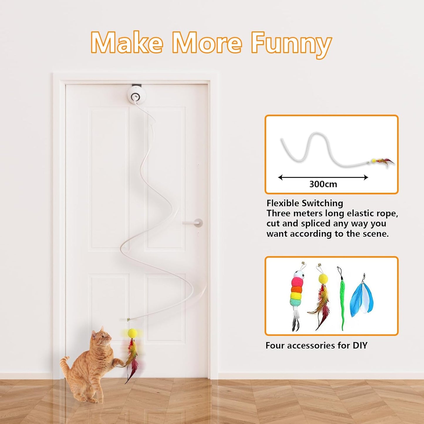 Cat Toys Interactive for Indoor, Cats Toy Hanging Door Electric for Bored, Feather Toy Kitten Rechargeable Door Hanging Automatic String with 4pcs Feather Toys, White