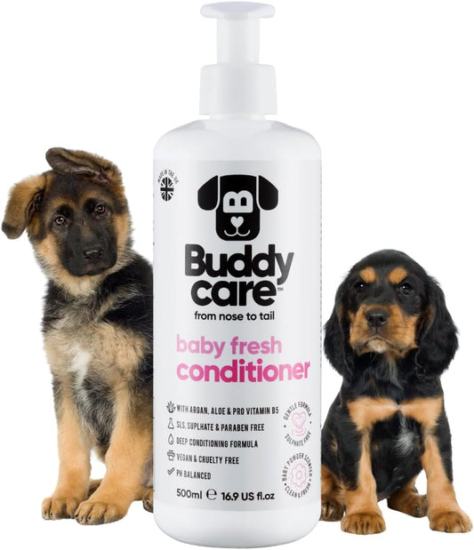 Baby Fresh Dog Conditioner (16.90oz) Made with Aloe Vera, Argan Oil & Pro Vitamin B5 to Detangle Matted Coats & Relieve Sensitive & Itchy Skin, Suitable for Puppies from 8 Weeks, Vegan