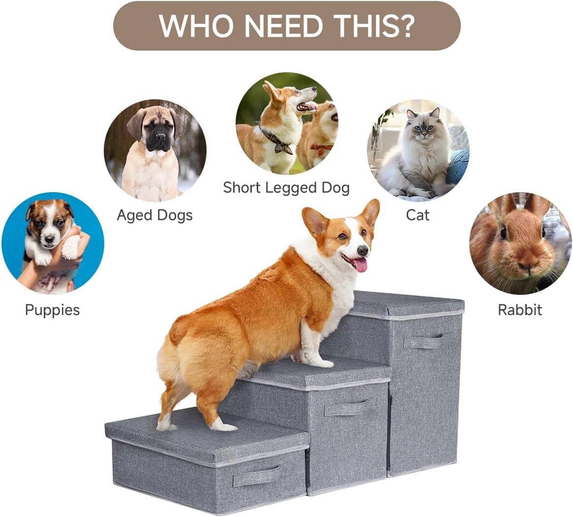 Pet Stairs with Storage, Pet Step for Small Dogs and Cats, 3-Step Folding Pet Steps with Zip, Cat Stairs Dog Steps for Bed, Couch and Car Ramp (Gray, 3 Steps no Condo)