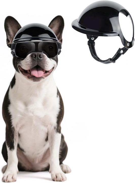 Namsan Small Dog Goggles and Helmet, Dog Motorcycle Helmet with UV Protection Sunglasses for Small Medium Breeds, Hard Doggie Hat with Ear Holes, Adjustable, Black