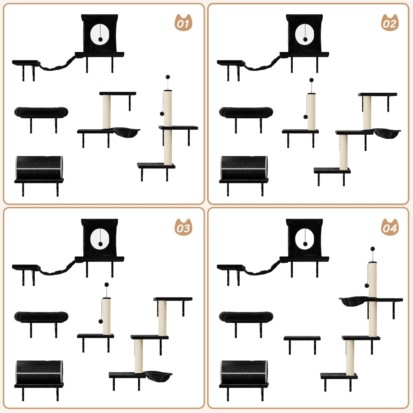 NUNU LAB Cat Wall Shelves Set, 7 Pcs Wall-Mounted Cat Climber with Cat House, Tunnel, Bridge, Scratching Post, Hammock, Wall Shelves, Black