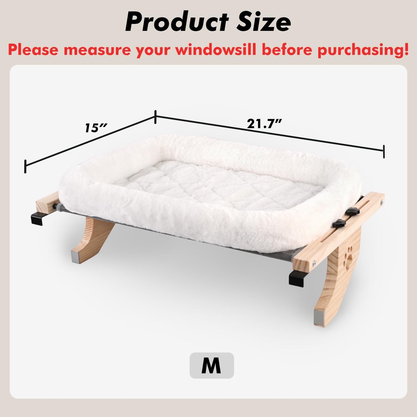 AMOSIJOY Cat Sill Window Perch Sturdy Hammock Window Seat with Cushion Bed Cover, Wood & Metal Frame for Large Cats, Easy to Adjust Cat Bed for Windowsill, Bedside, Drawer and Cabinet (M)