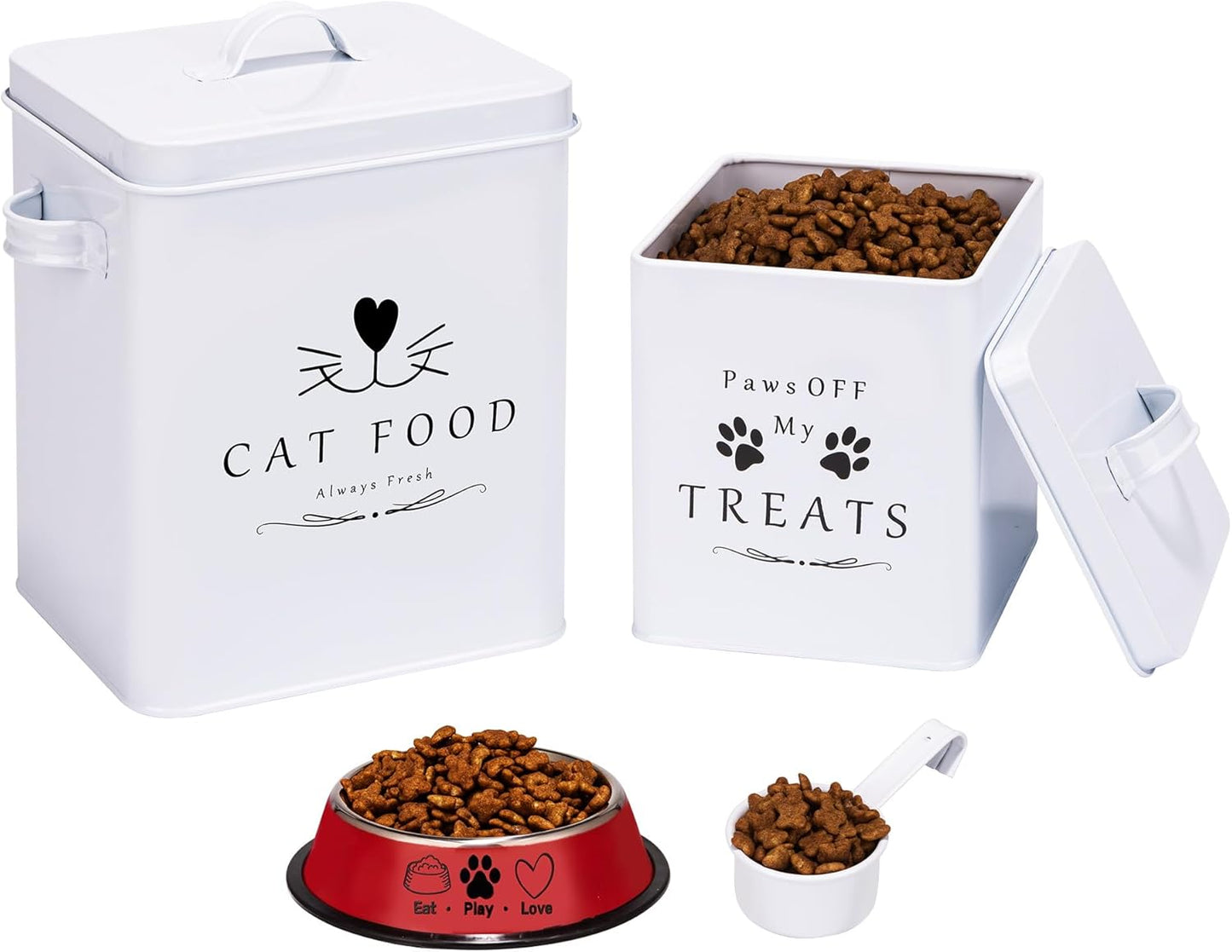 Meraki Home Farmhouse Cat Food and Treats Containers + Feed Scoop + Pet Food Bowl - Tight Lids - Large Metal Storage Bin - Great Gift for Cute Pets (Glossy White)