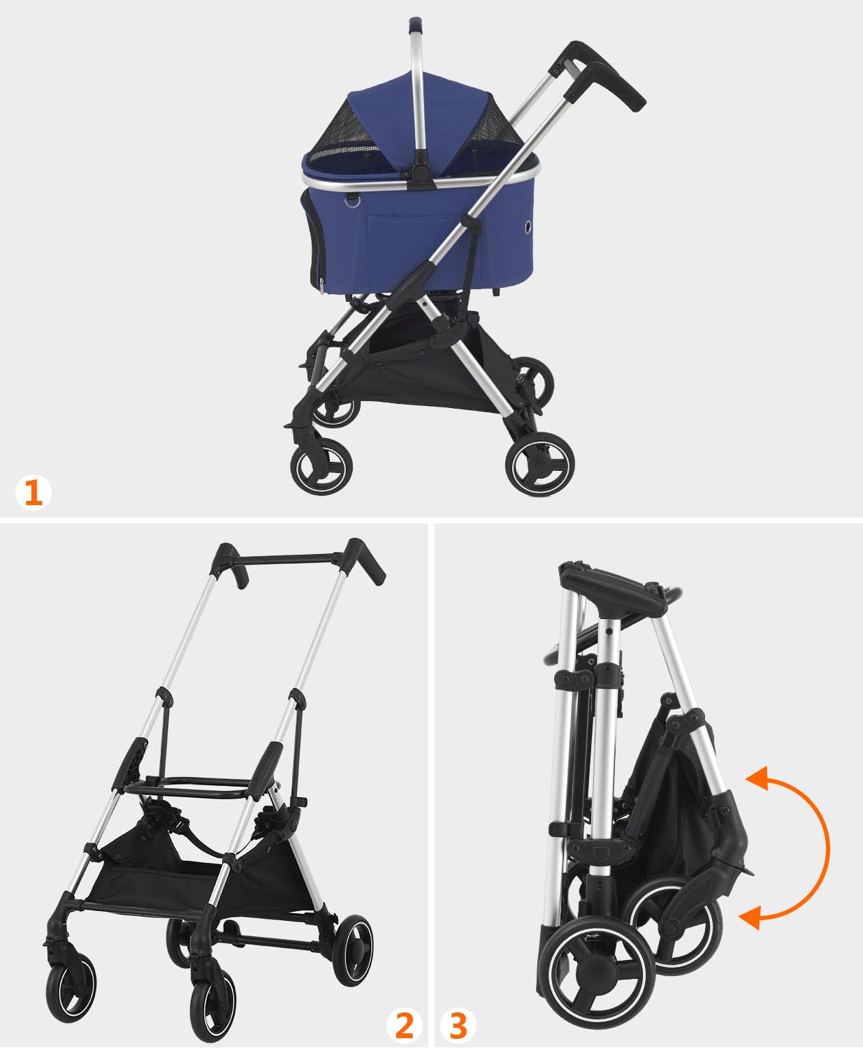 Pet Stroller with 4 Wheels for Small/Medium Pets, 3 in 1 Travel Foldable Detachable Carrier for Dog Cat Cage Jogger Stroller, Rear Wheel Breaks, Storage Basket, Car Seat (Navy Blue)