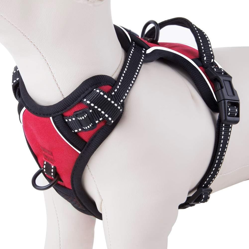 PHOEPET Reflective Dog Harness No Pull Large Breed Vest with 2 Metal Leash Attachment Hooks(L, Red)