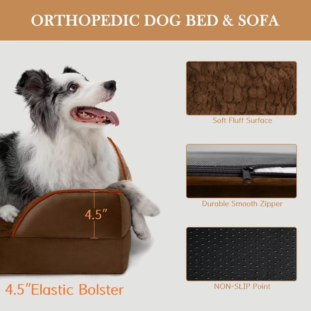 Comfort Expression Large Dog Beds Orthopedic Foam, Waterproof Dog Beds for Dogs, Comfy Pet Bed Sofa with Washable Removable Cover & Non-Slip Bottom(Large,Chocolate Brown)