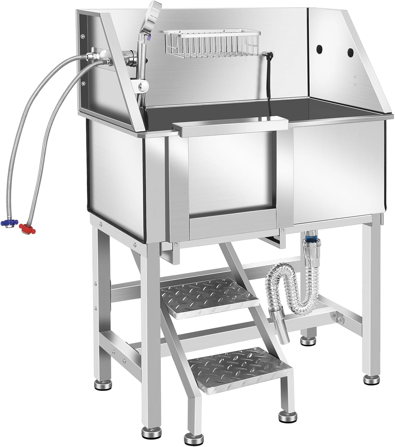 Professional Stainless Steel Dog Bathing Station, Dog Grooming Tub, with Stairs, Floor Grate & Faucet for Dog Bathtub for Large, Medium & Small Pets,34" L-RAMP