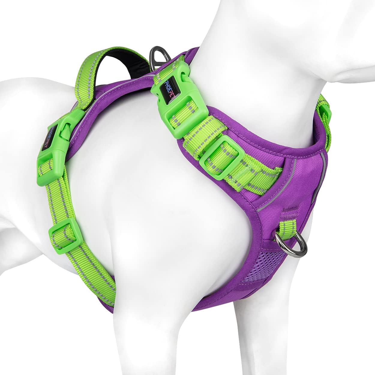 PHOEPET No Pull Dog Harness, Unique Colors Reflective Adjustable Dog Vest, with Soft Training Handle Metal Clips for Small Medium Large Dogs (Purple Base & Green Straps,XS)