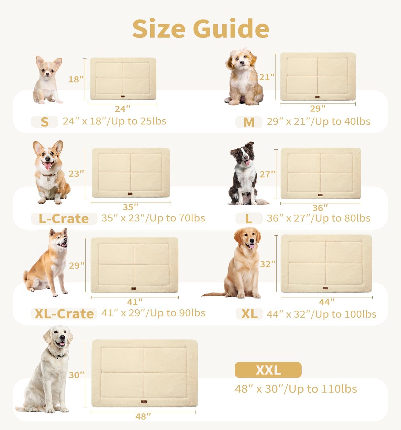 Made4Pets Dog Crate Pad Bed for Extra Large Dogs, Washable & Reversible, Anti-Slip Kennel Mat for Cozy Sleeping, Soft Fluffy Dog Bed for Indoor & Outdoor Use, 48"x30", Beige