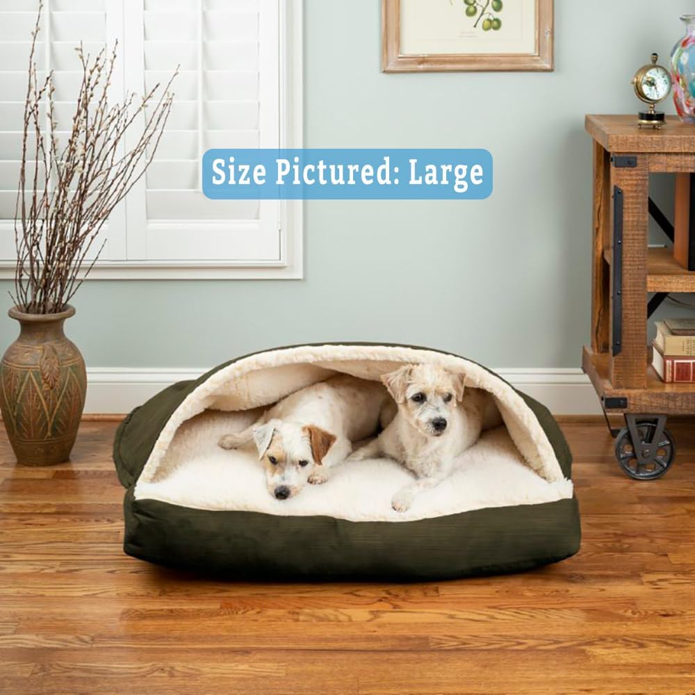 Snoozer Rectangle Cozy Cave Dog Bed - Indoor Dog Bed with Cover Cave, Covered Calming Burrow for Large Sized Pets with Blanket Attached, Enclosed, Washable - XL, Olive