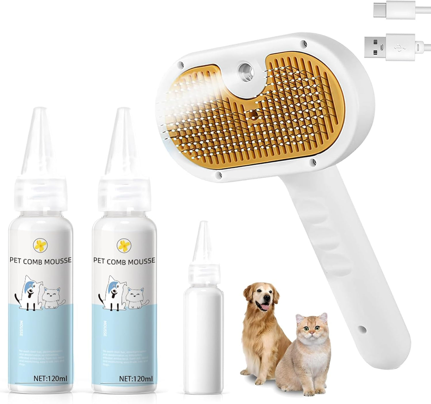 Pet Steam Brush for Dog & Cat – 3-in-1 Spray Hair Removal Comb – Steam for Shedding & Grooming – Water Brush for Long & Short Haired Pets – Spritz Defur Comb – Includes 2*Waterless Shampoo