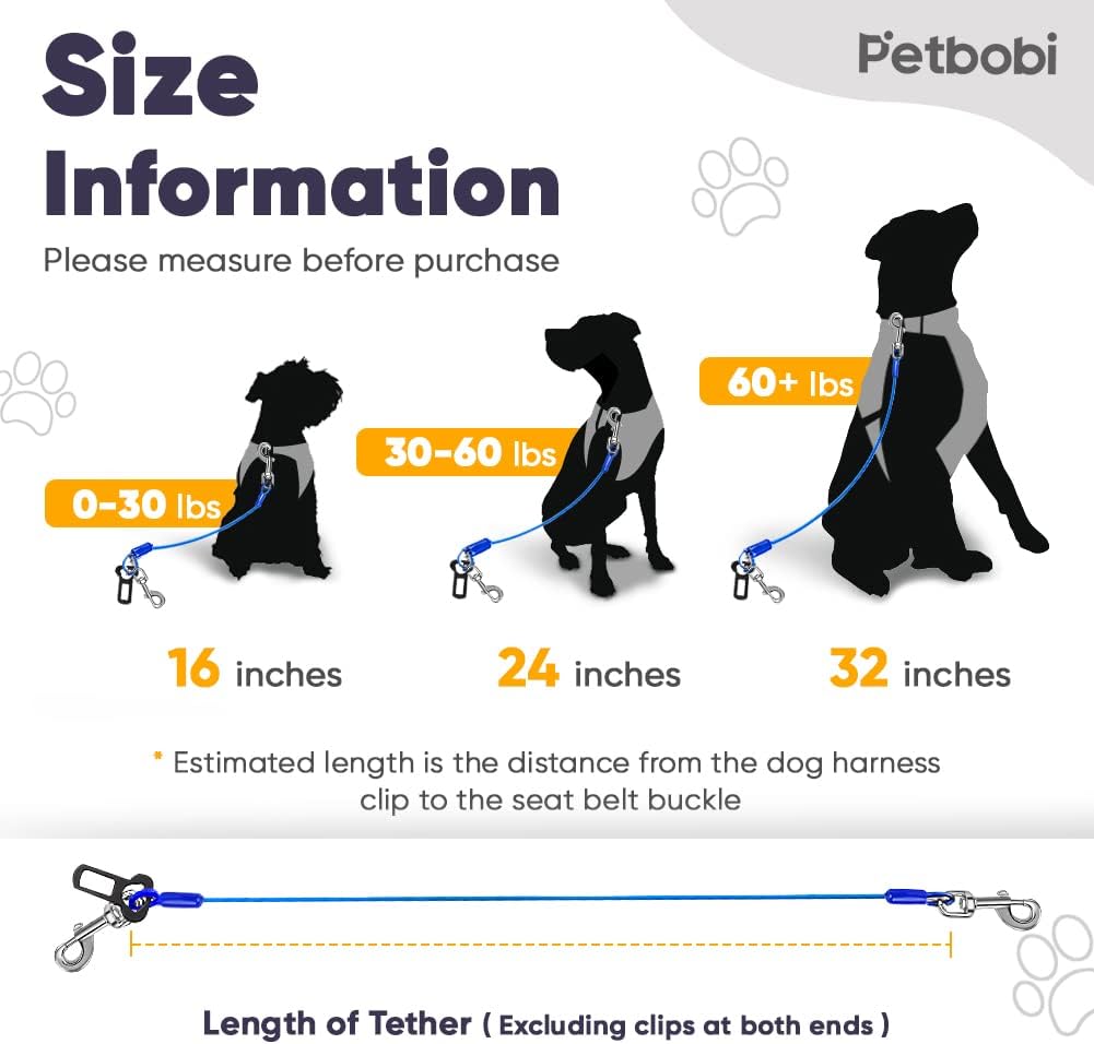 Petbobi Dog Seat Belt for Car - Chew Proof Durable Dog Seatbelt Tether for Small Medium Large Pets - Metal Vehicle Harness Restraint with Double Clips and Latch - Car Leash for Safety Travel