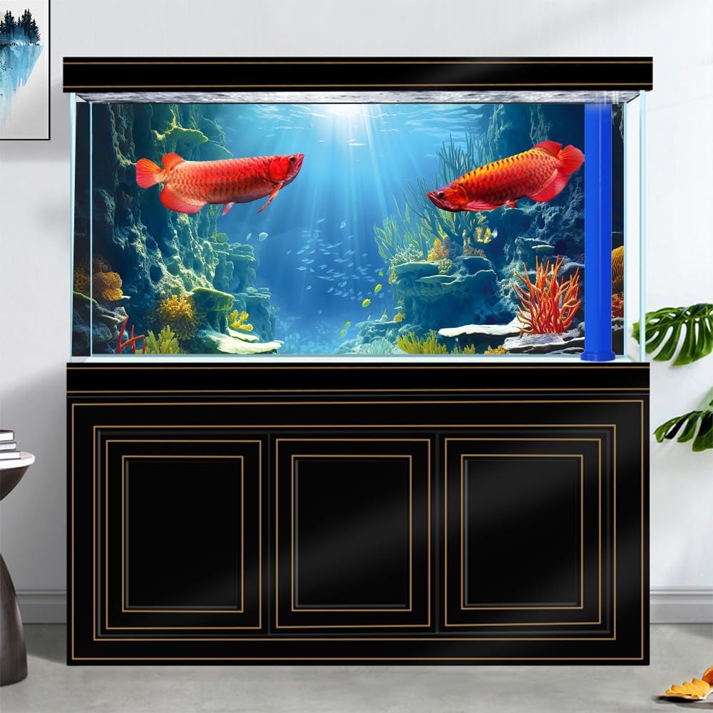 36X20IN Blue Sea Floor Aquarium Background, Natural Underwater World 3D Effect Fish Tank Decorations Background, Art Terrarium Background with 8 EVA Double-Sided Tape