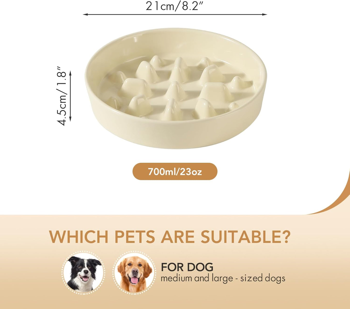 Ceramic 8.2 inch Dog Bowl Slow Feeder, Slow Pet Food Dish for Medium and Large Dog, Stop Bloat, Preventing Choking(Single Bowl, Beige)