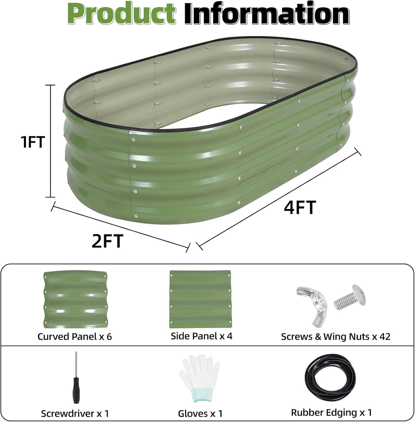 G GOOD GAIN Galvanized Metal Raised Garden Bed Kit - 4x2x1FT Outdoor Planter Box with Safety Edging and Gloves for Vegetables, Fruits, Flowers(Oliver Green, 1PC)