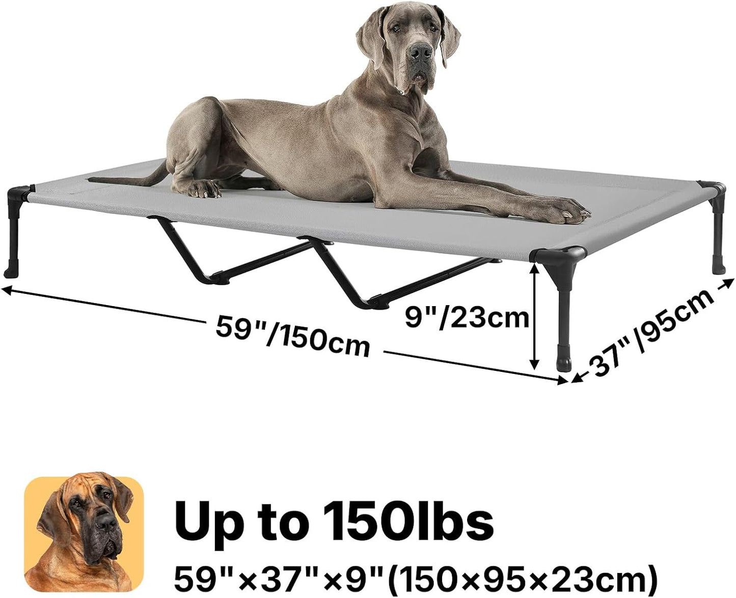 Veehoo XXL Outdoor Elevated Dog Cot Bed, Cooling Raised Pet Bed, Washable Breathable Mesh Hammock Bed with No-Slip Feet, Indestructible Ground Off Training Platform Cot-59"x37.5" Grey