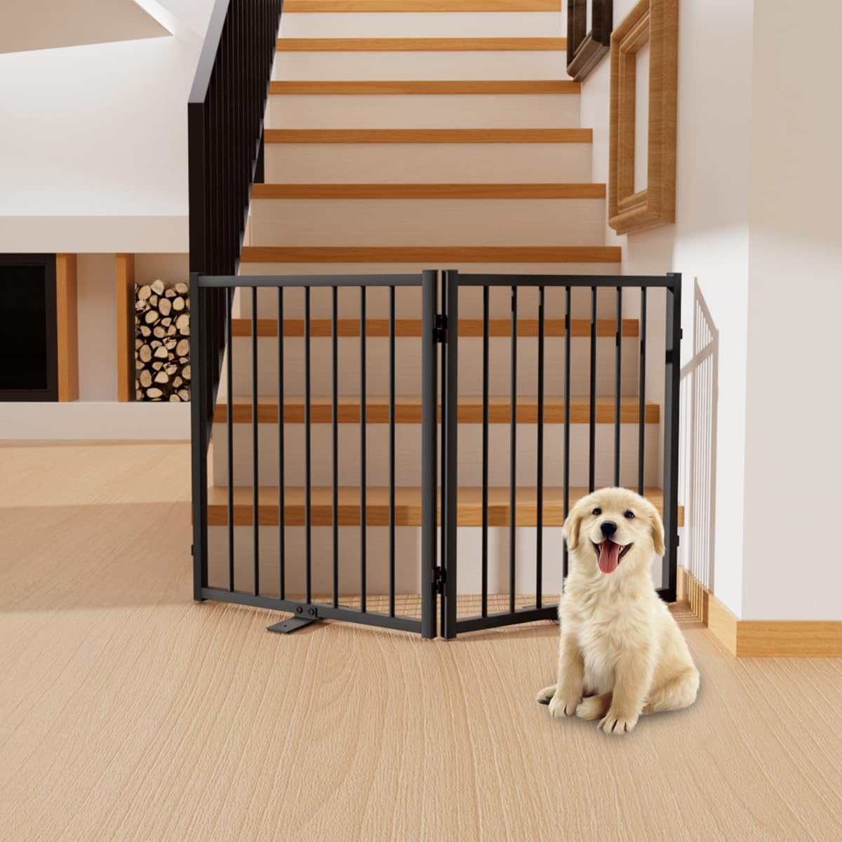 Full Metal Freestanding Dog Gate with Door, 24'' Height Foldable Pet Dog Fence for Indoor & Outdoor, 2 Panels Extra Wide Free Standing SmallDog Gates for Doorways,House,Stairs,Porch,Deck,Yard