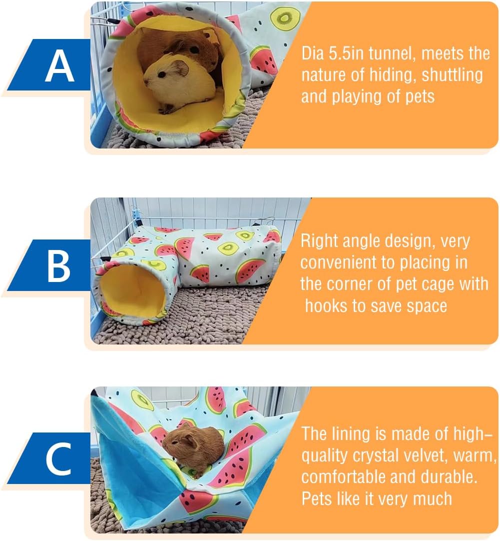 Large Caliber Guinea Pig & Rat Tunnel Hideout & Hammock, Corner Hideout Toy for Guinea Pig, Ferret, Hedgehog & Piggy to Hide and Shuttle (3. Tunnel-Watermelon)