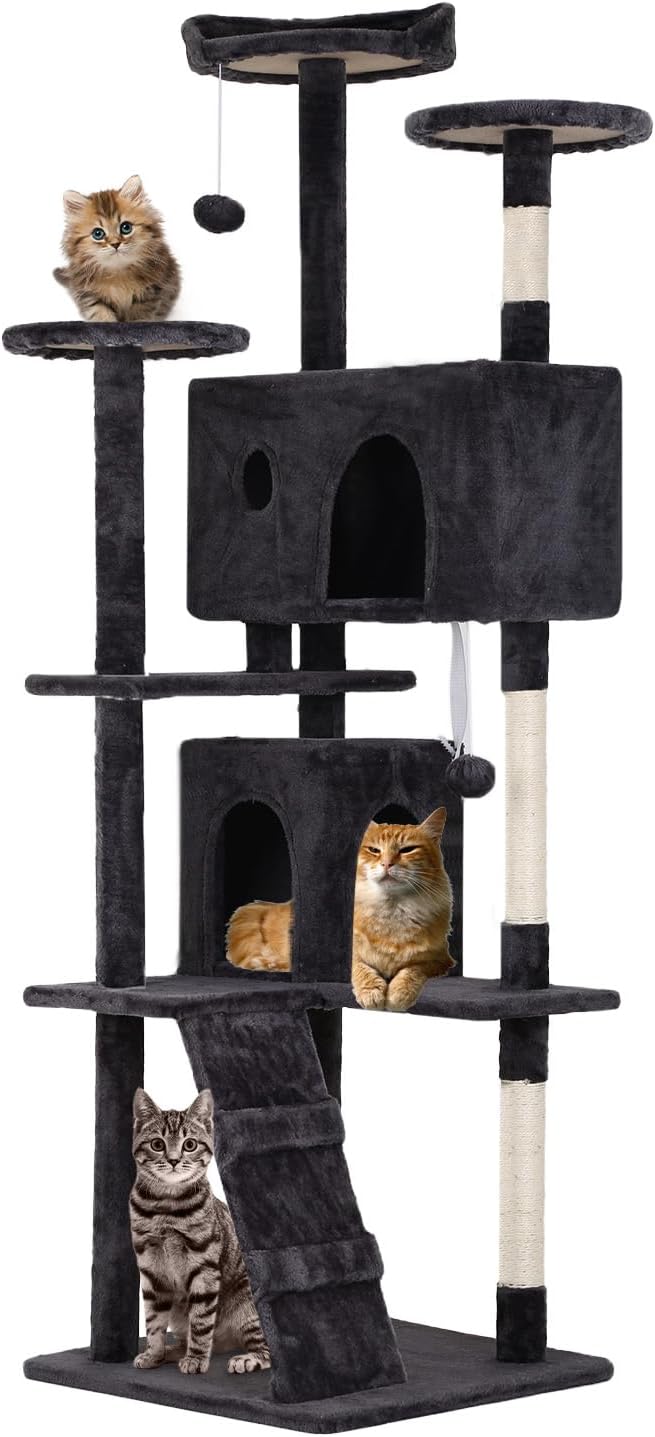 70 inches Cat Tower for Indoor Cats Multi-Level Cat Condos for XL Cat Tree Cat Climbing Tower with Scratching Posts, Hanging Toys,Dark Gray