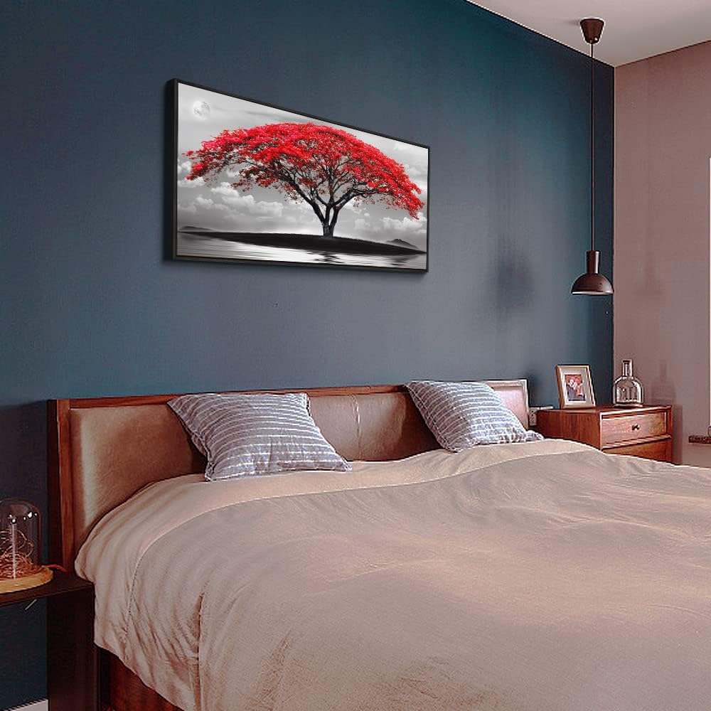 Framed Canvas Wall Art For Living Room Bathroom Wall Decor Black And White Landscape Red Tree Moon Scenery Hang Painting Home Decorations For Office Bedroom Kitchen Works Canvas Prints Pictures