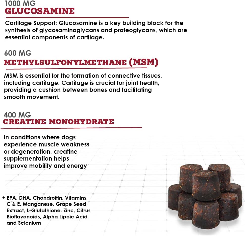 Triple Strength Hypo-Allergenic Soft Chews for Dogs - Hip and Joint Support Supplement with Glucosamine, Chondroitin, & MSM - Made in The USA - 120 Soft Chews