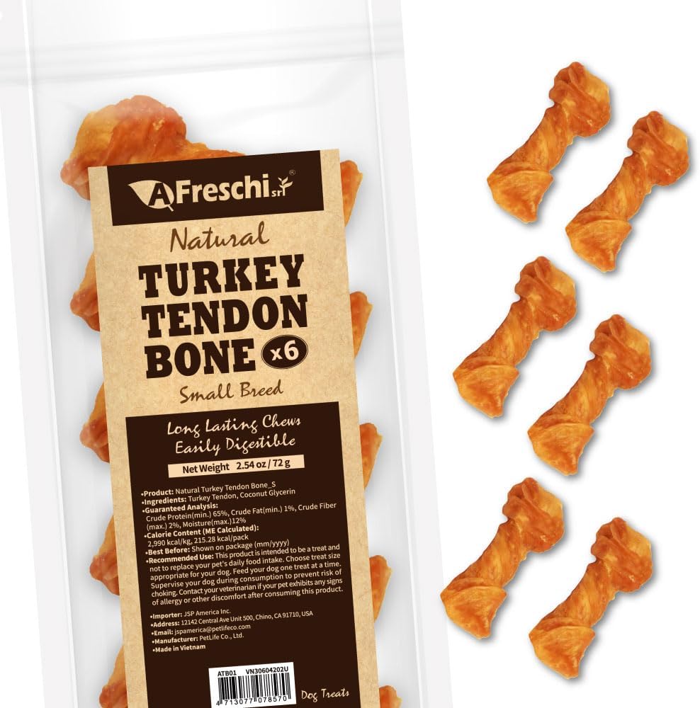 Afreschi Turkey Tendon Bone (S) 6 Pieces per Pack, USA-Sourced Turkey Tendon, All Natural Human Grade Puppy Chew, Hypoallergenic, Rawhide Alternative, Dog Treats for Small Breeds