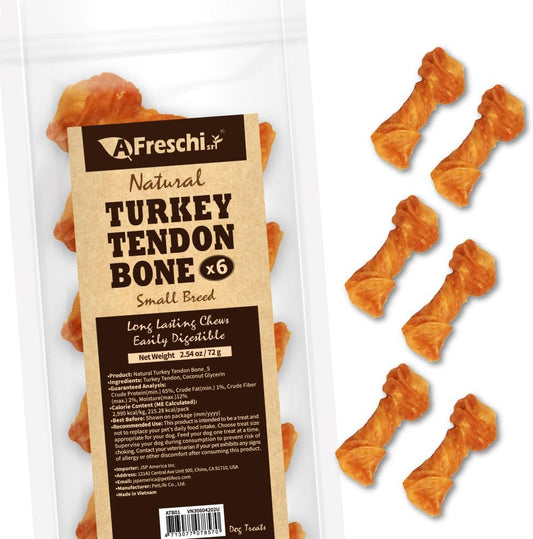 Afreschi Turkey Tendon Bone (S) 6 Pieces per Pack, USA-Sourced Turkey Tendon, All Natural Human Grade Puppy Chew, Hypoallergenic, Rawhide Alternative, Dog Treats for Small Breeds