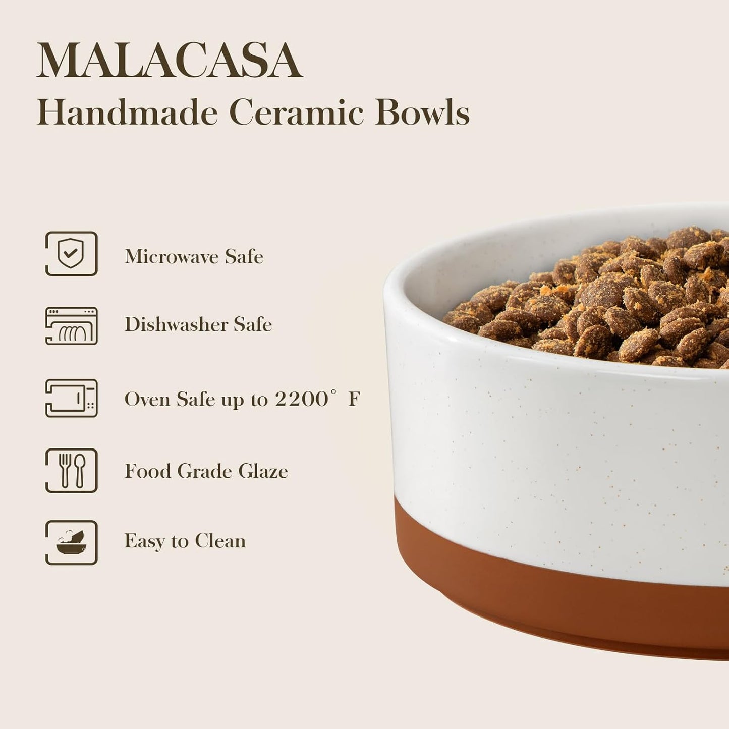 MALACASA Dog Bowls, Ceramic Dogs Bowls with Wood Stand Non-Slip, 6 Cups or 58 oz Capacity Dog Water Food Bowl Glaze Matte Weighted Non-Slip Pet Bowl for Large Dogs (L-6 Cups)