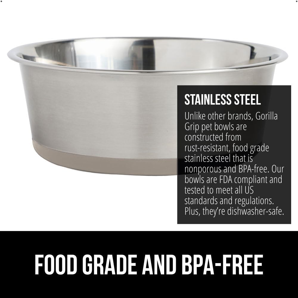 GORILLA GRIP Set of 2 Dog Bowls, Holds 6 Cups (48 fl oz), Heavy Duty Metal Food and Water Bowl for Feeding Dogs and Cats, Dishwasher Safe, Rust Resistant Stainless Steel, BPA Free Rubber Base, Beige