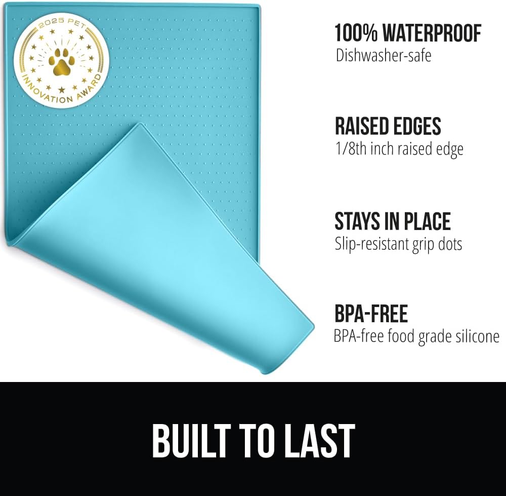 GORILLA GRIP 100% Waterproof Raised Edge BPA Free Silicone Pet Feeding Mat, Dog Cat Food Mats Contain Spills Protects Floors Placemats for Cats and Dogs Water Bowl Pets Accessories 18.5x11.5 Turquoise