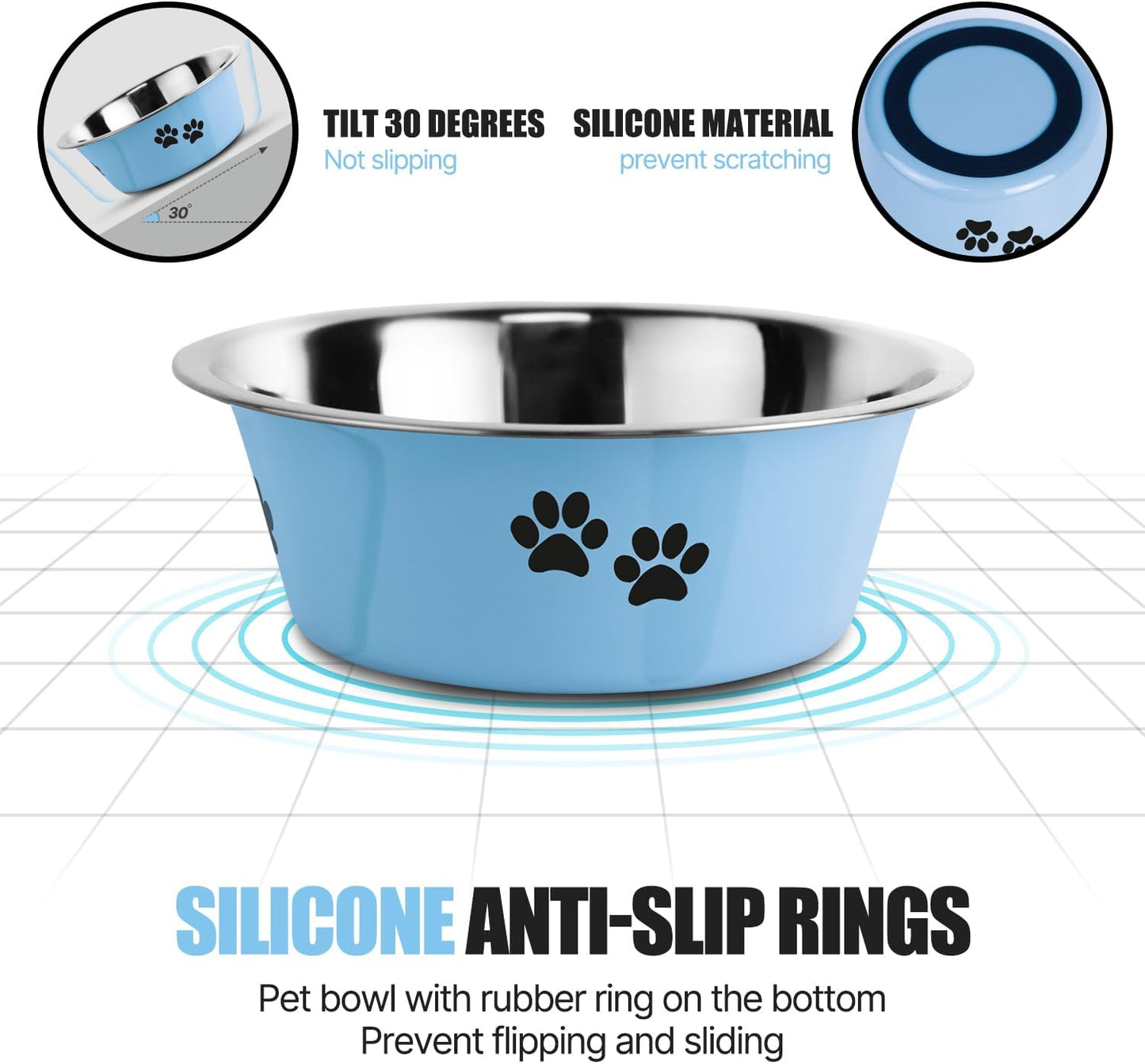 Stainless Steel Dog Bowls, Nonslip Rubber Bottom No Spill Proof Skid Metal Insulated Dog Bowls for Large Medium Small Breed Dogs (Blue, 3.6 Cups/29 OZ)