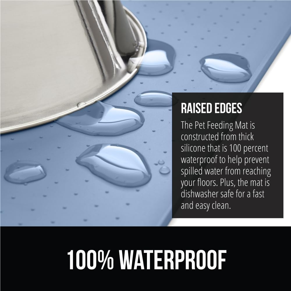 GORILLA GRIP 100% Waterproof Raised Edge BPA Free Silicone Pet Feeding Mat, Dog Cat Food Mats Contain Spills Protects Floors, Placemats for Cats and Dogs Water Bowl, Pets Accessories 16x10, Blue