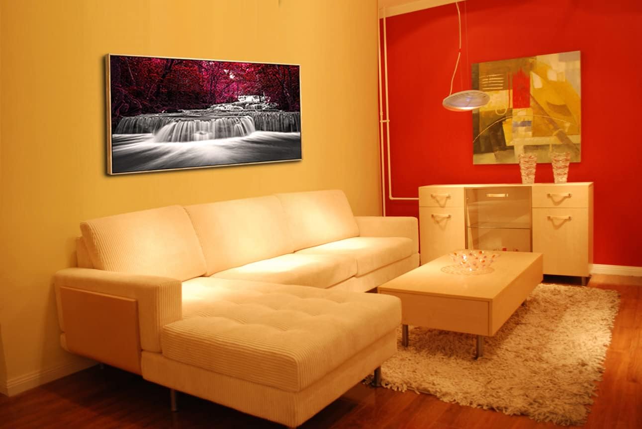 Lasdel Natural Extra Framed Canvas Wall Art of Wide Waterfall & Red Leaves Picture For Bedroom,Burgundy Nature Black White Artwork Decor,Beautiful Maple Leaves Landscape Print Painting,30x60