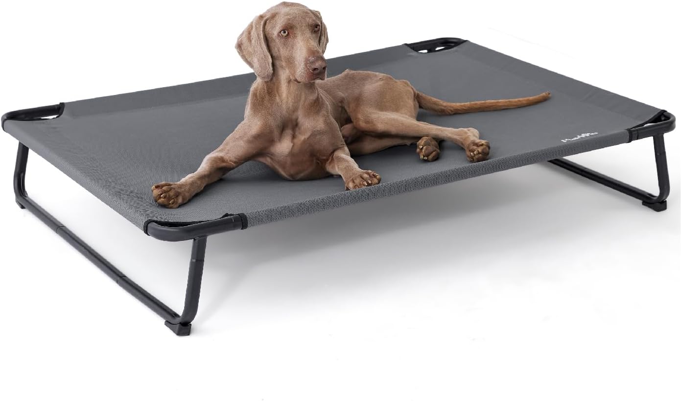 Made4Pets Raised Dog Bed for XXL Dogs - Outdoor Elevated Pet Cot with Snap-in Legs, Washable Mesh, Non-Slip Feet, Durable & Chew-Resistant Hammock Bed, Indoor & Outdoor Use, 54"x37", Gray