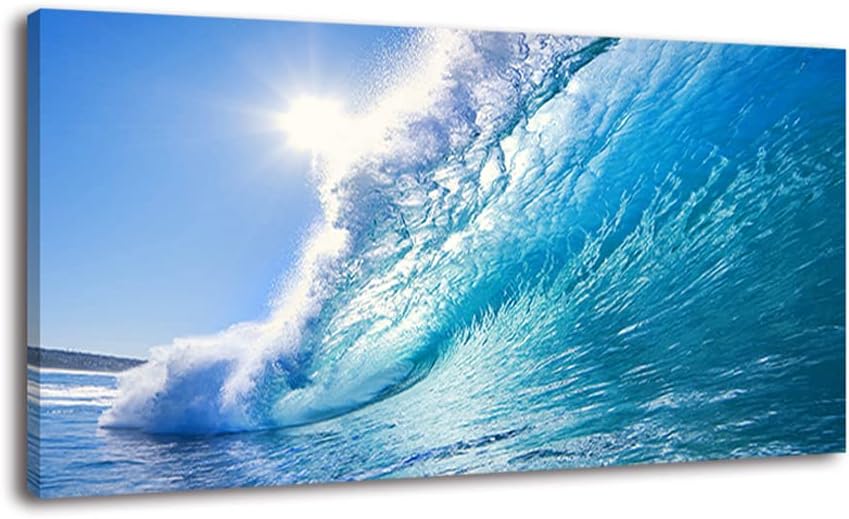 Rolling Ocean Waves Surfing Graphic Canvas Wall Art For Bedroom,Blue Tropical Seascape Artwork Decor,Rolling Wave Sea Landscape Picture Print Painting,Bracket Fixed Ready To Hang,Inner Frame (30x60)