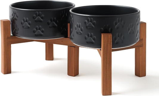 SPUNKYJUNKY Ceramic Elevated Dog Bowl Set with Acacia Wood Stand for Food and Water for Small Medium Sized Dogs (28.74 OZ, Black, Dog Paw Pattern)
