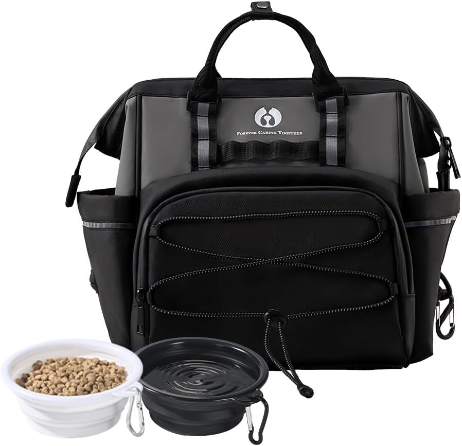 Dog Travel Bag, Airline Approved Pet Supplies Backpack, Dog Travel Backpack Accessories Set with 2 Silicone Collapsible Bowls and 1 Leash Clip for Camping, Road Trips & Weekends Away（Black）