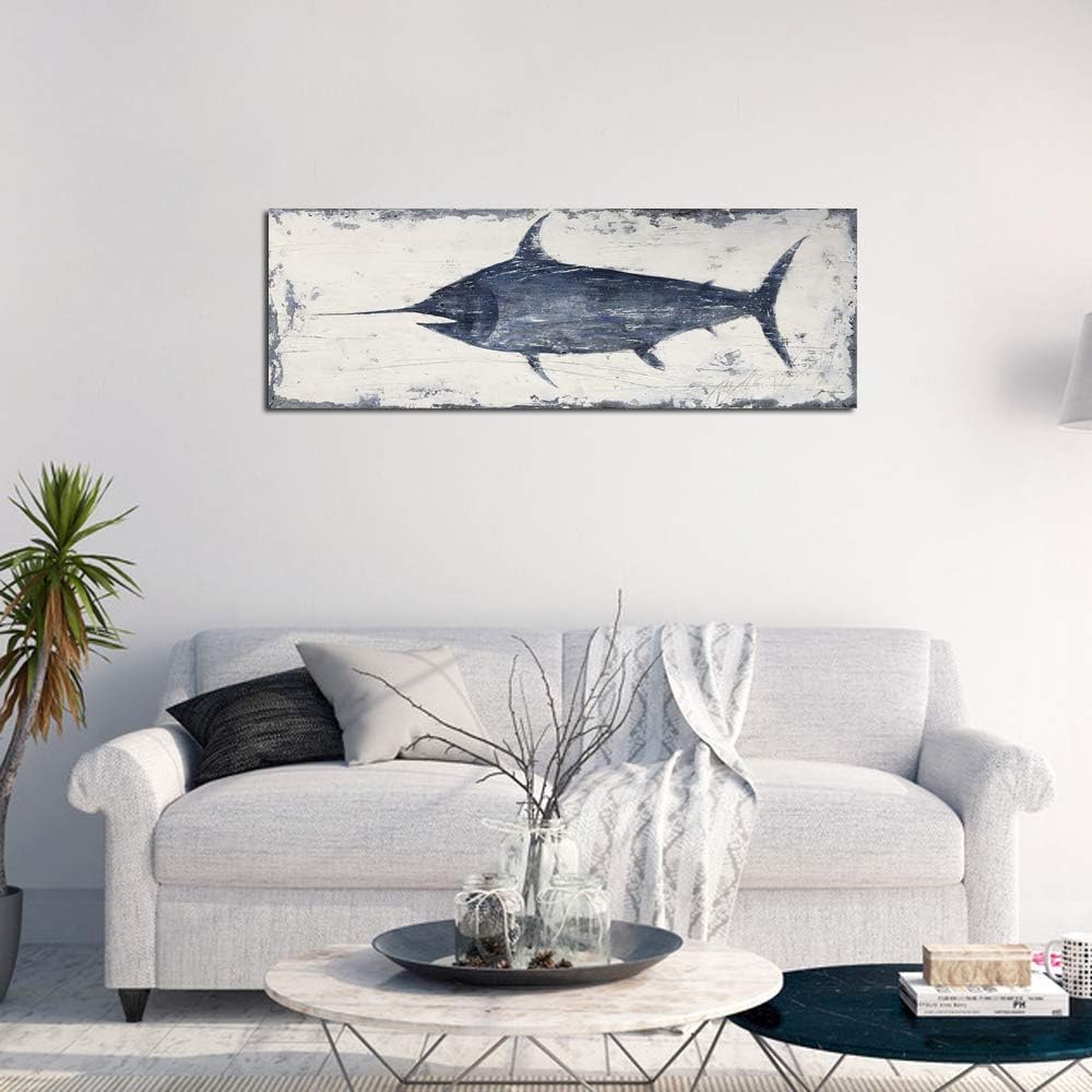 Yihui Arts Indigo Blue Swordfish Canvas Wall Art Painting Pictures for Living Room Bedroom Bathroom Decor