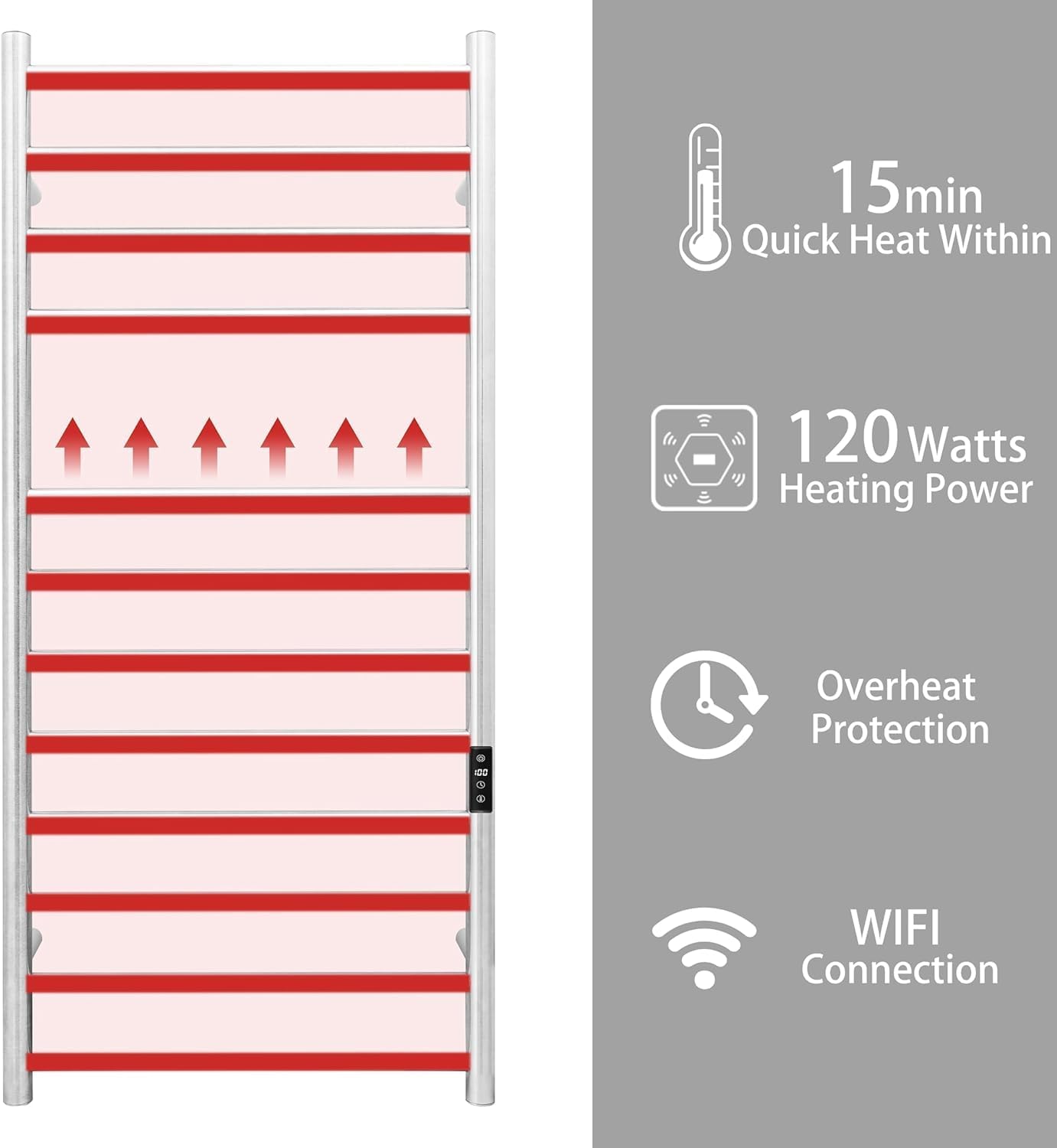 KEG Smart WiFi Towel Warmer Wall Mounted with Built-in Timer and Temperature Adjust Control, 12 Bars Electric Stainless Steel Heated Towel Racks for Bathroom Brushed Nickel