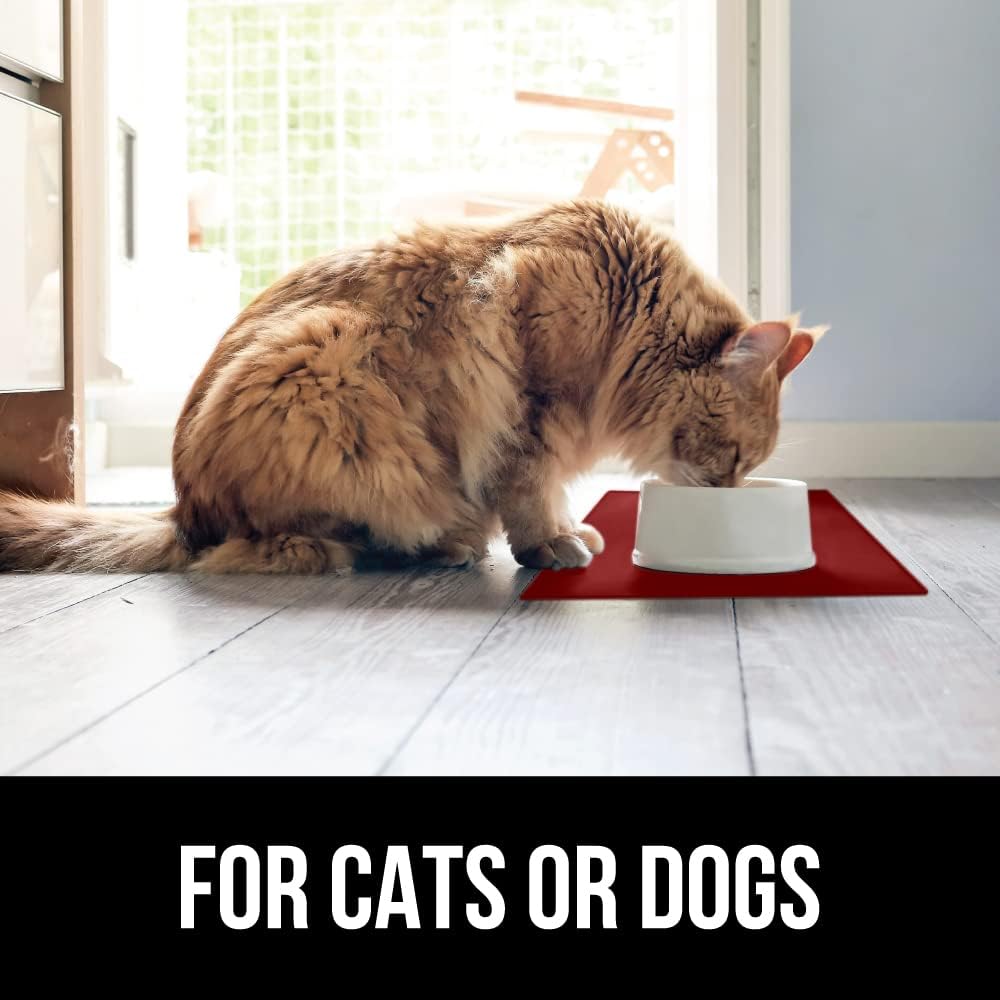 GORILLA GRIP 100% Waterproof Raised Edge BPA Free Silicone Pet Feeding Mat, Dog Cat Food Mats Contain Spills Protects Floors, Placemats for Cats and Dogs Water Bowl, Pets Accessories 18.5x11.5 Red