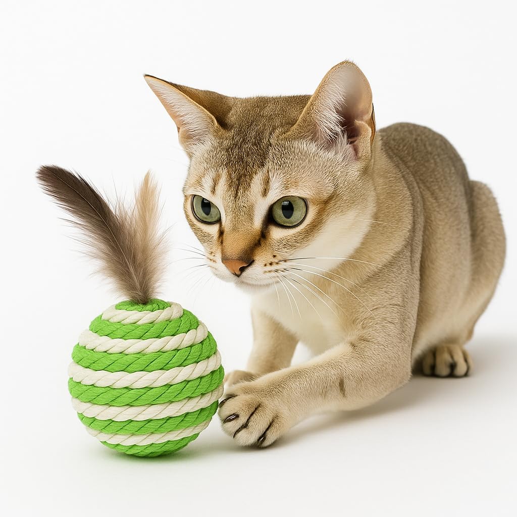 Ball for cat with Feathers - Balls for Cats– Natural Toy for Indoor Cats – Eco-Friendly, Durable, Interactive Play Balls for Kittens – Pet-Safe Chew & Scratch Toys (Green)